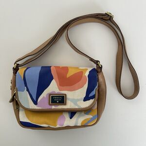 Fossil Preston Crossbody Leather Canvas Floral Purse Messenger Bag Watercolor